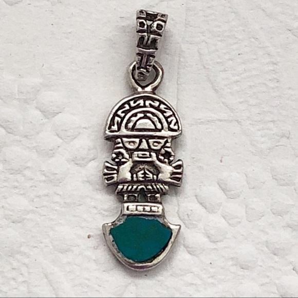 Vintage Inca Tumi Sterling Silver Chrysocolla  Inlay Pendant Charm - Picture 5 of 7